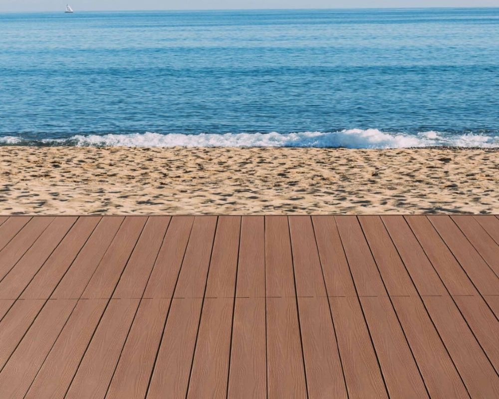 Eclipse decking by Eva-Last installed on patio overlooking the ocean.